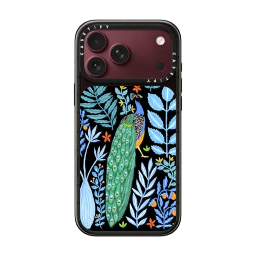 Summer Peacock in the Flowers by Papio Press | iPhone 18 Pro Max / Impact Case MagSafe Compatible - Glossy / Glossy Black | Image 1