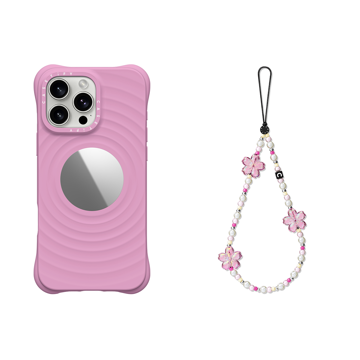 2-in-1 Essentials Garden Set 4 - Ripple Mirror Case - Radish - iPhone 16 Pro Max& Flower Phone Charm - Cherry Blossom | Image 1