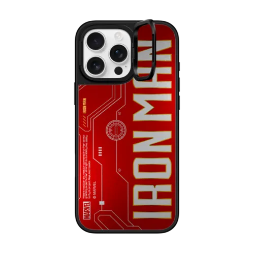 Iron Man Logo Case | iPhone 16 Pro Max / Mirror Ring Stand Case MagSafe Compatible / Silver on Black | Image 1