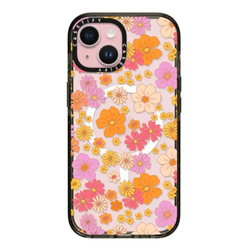 retro boho hippie flowers (60s / 70s floral pattern on clear background) | iPhone 15 / Impact Case MagSafe Compatible / Black | Image 1