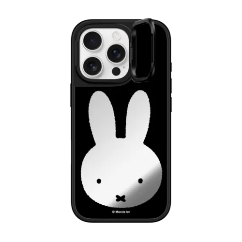 Miffy Black Mirror Frame Case | iPhone 16 Pro / Mirror Ring Stand Case MagSafe Compatible / Silver on Black | Image 1