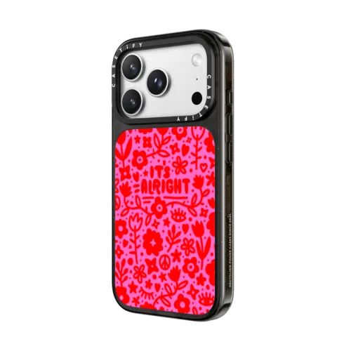 Pink Red Flowers Hearts Eyes Peace "It's Alright" Floral Pattern | iPhone 18 Pro Max / Impact Case MagSafe Compatible - Glossy / Glossy Black | Image 2