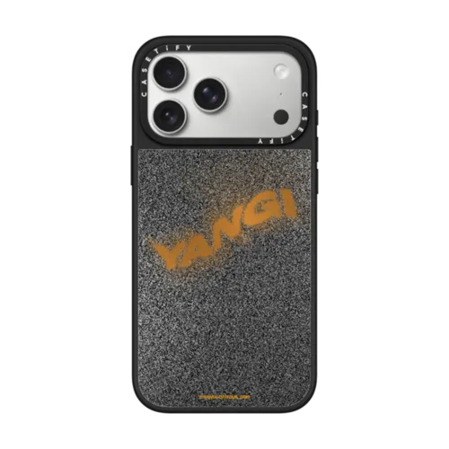 YANGI Metalic Glitch Logo Phone Case | iPhone 17 Pro Max / Mirror Case MagSafe Compatible / Silver on Black | Image 1