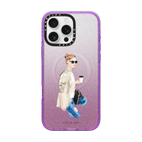 Lady Drinking Coffee | iPhone 16 Pro Max / Impact Case MagSafe Compatible / Glitter Purple | Image 1