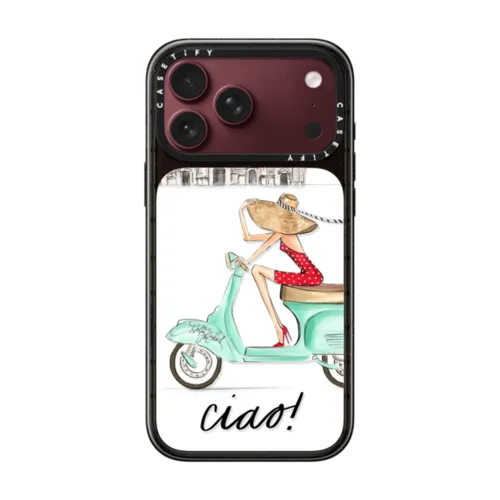 Ciao- Vespa Girl Milan Italy (fashion illustration transparent case) | iPhone 18 Pro Max / Impact Case MagSafe Compatible - Glossy / Glossy Black | Image 1