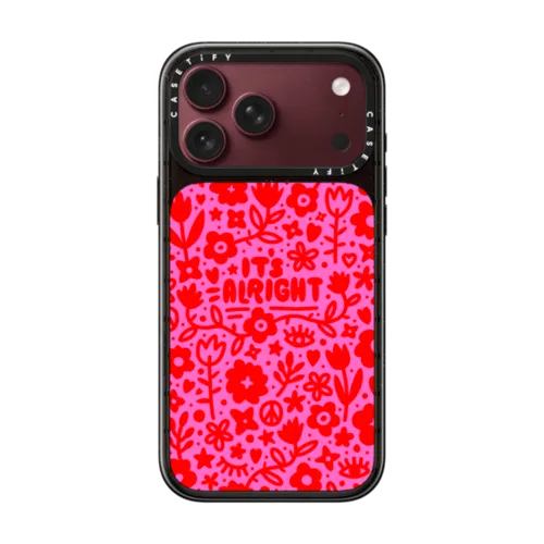Pink Red Flowers Hearts Eyes Peace "It's Alright" Floral Pattern | iPhone 18 Pro Max / Impact Case MagSafe Compatible - Glossy / Glossy Black | Image 1