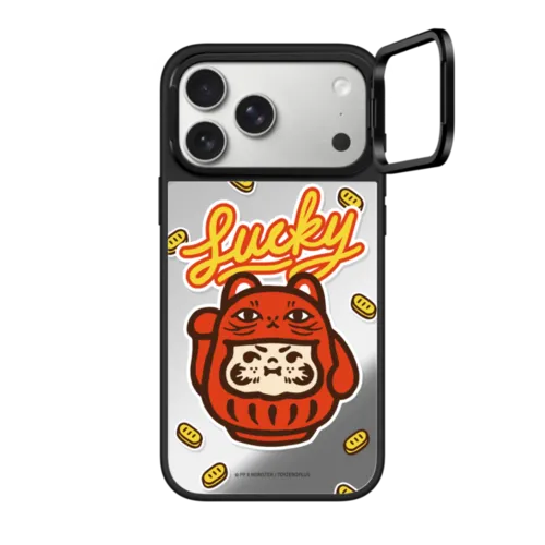 PP Baby Lucky Cat Daruma Case | iPhone 17 Pro Max / Mirror Ring Stand Case MagSafe Compatible / Silver on Black | Image 1