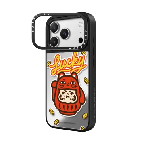 PP Baby Lucky Cat Daruma Case | iPhone 17 Pro Max / Mirror Ring Stand Case MagSafe Compatible / Silver on Black | Image 2