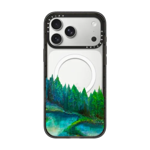 WOODLAND RETREAT 1, FOREST TREES TEAL BLUE GREEN NATURE MOUNTAINS PAINTING | iPhone 17 Pro Max / Impact Case MagSafe Compatible / Black | Image 1