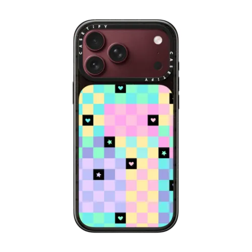 Transparent Pastel Checkered Hearts Stars Pattern | iPhone 18 Pro Max / Impact Case MagSafe Compatible - Glossy / Glossy Black | Image 1