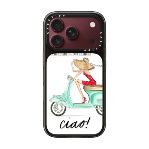 Ciao- Vespa Girl Milan Italy (fashion illustration transparent case) | iPhone 18 Pro / Impact Case MagSafe Compatible - Glossy / Glossy Black | Image 1