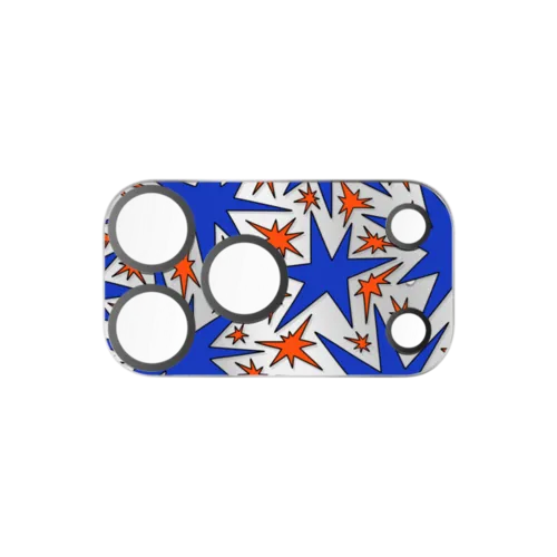 Solar Flair - Blue and Orange Wonky Stars | iPhone 17 Pro Max (Lens Protector) / Mirror Camera Lens Protector / Silver | Image 1
