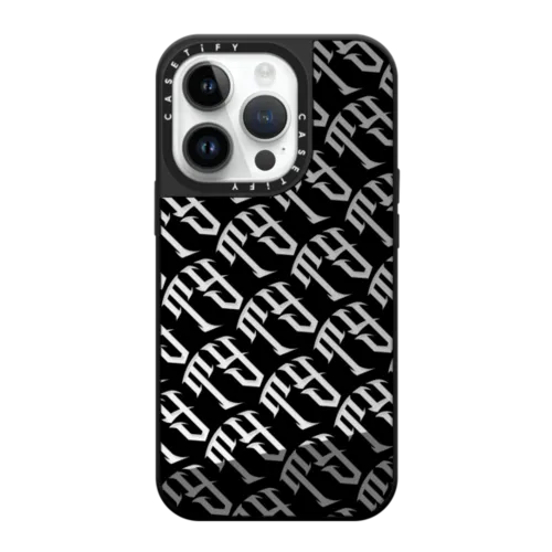 Tyson Yoshi - TY logo in Black | iPhone 14 Pro / Mirror Case MagSafe Compatible / Silver on Black | Image 1